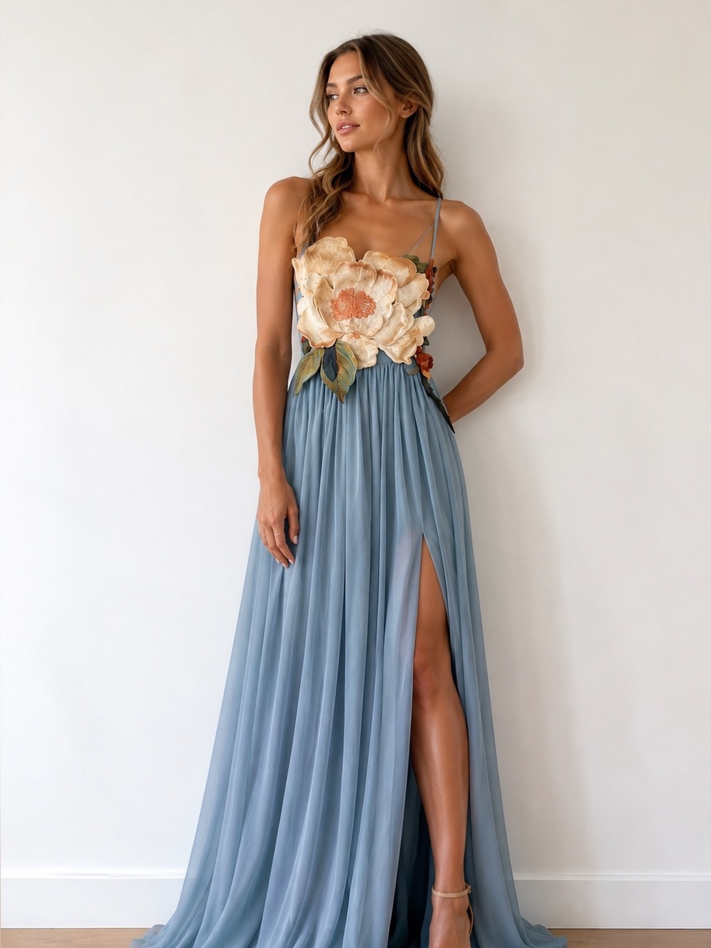 $1400 LEO LIN Blue Floral Appliqué Maxi Gown Dress Size AU6/US2